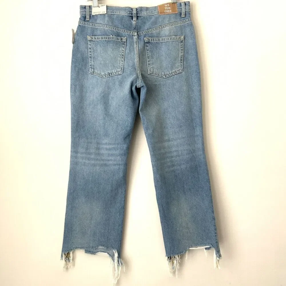 We The Free Maggie Mid Rise Straight Leg Distressed Jeans Blue 28